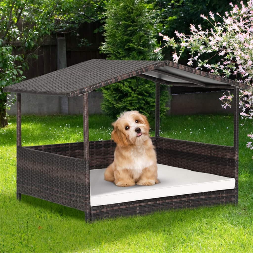 Dog House Outdoor With Canopy, Rattan Dog Bed With Water-Resistant Cushion - 38.5" x 27" x 28.5"