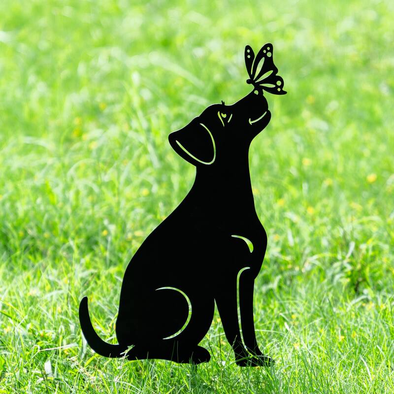 Glitzhome 2-in-1 Black Metal Cat Rabbit Duck Dog Silhouette Yard Stakes Wall Decor (Set of 3)