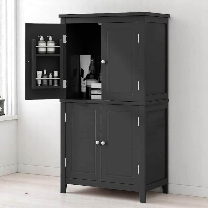 Tall Bathroom Floor Cabinet with Adjustable Shelves, Freestanding Storage Unit with 4 Doors