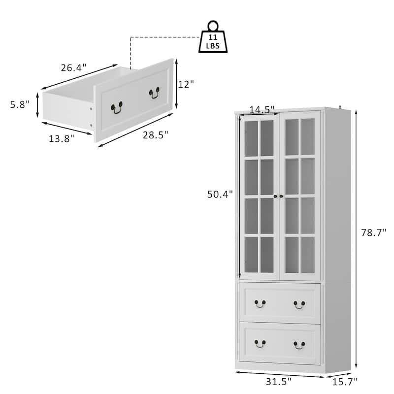 78.7" Combo Buffet Bookcase Storage Cabinet Glass Bookshelf Display