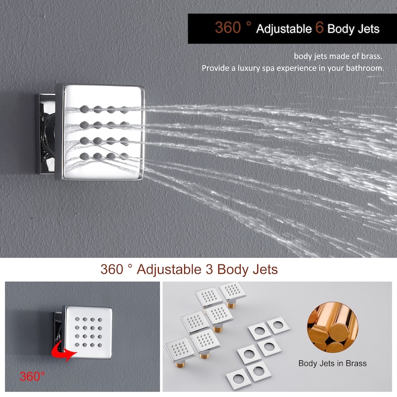 Luxury 4-Spray Patterns 23 in. Ceiling Mount Shower System with Handheld Shower Head, 6 Body Jets, LED, and Music - 15" x 23"