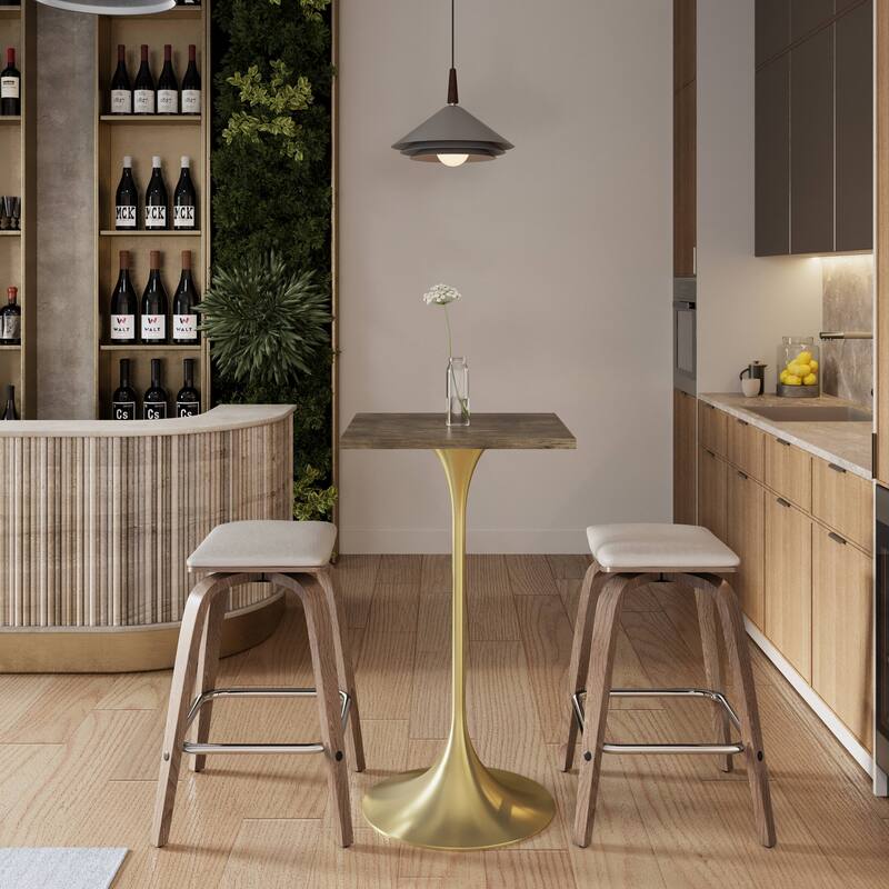 Verve 43 in. Tall Bar Height Dining Table Square MDF Wood Tabletop in Gold Stainless Steel Pedestal Base Accent Bar Table