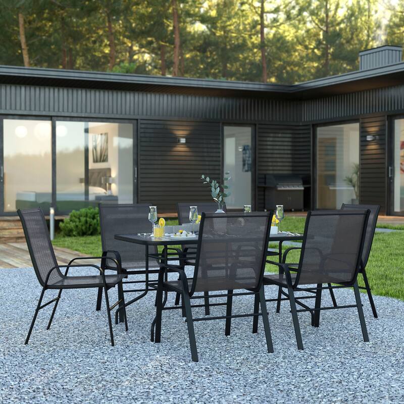7-Piece Rippled Glass Outdoor Patio Table and Stacking Chairs Set - Black