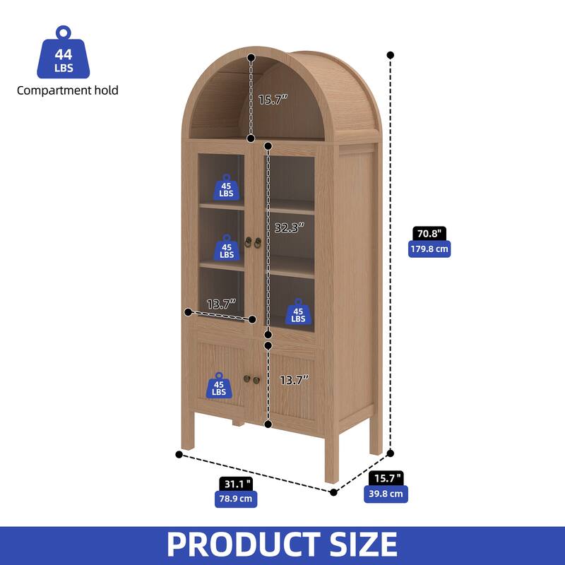 Moasis 71 Inch Tall Arched Display Cabinet with LED Lighting and Glass Doors for Living Room or Dining Room Storage