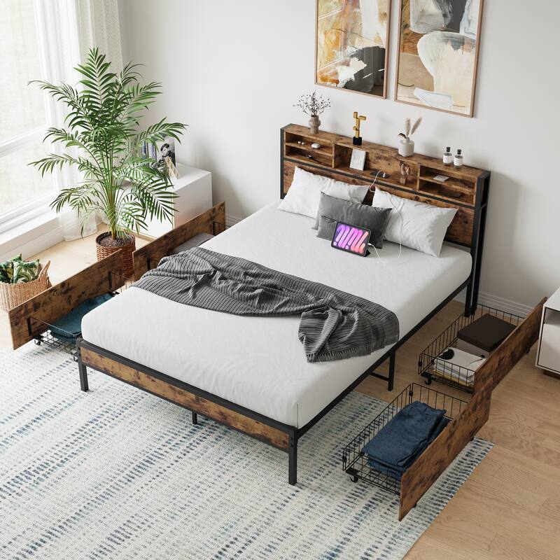 Queen Bed Frame with Built-In Storage and Charging Station