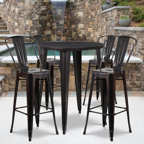 30'' Round Metal Indoor-Outdoor Bar Table Set with 4 Cafe Stools - 30"W x 30"D x 41"H