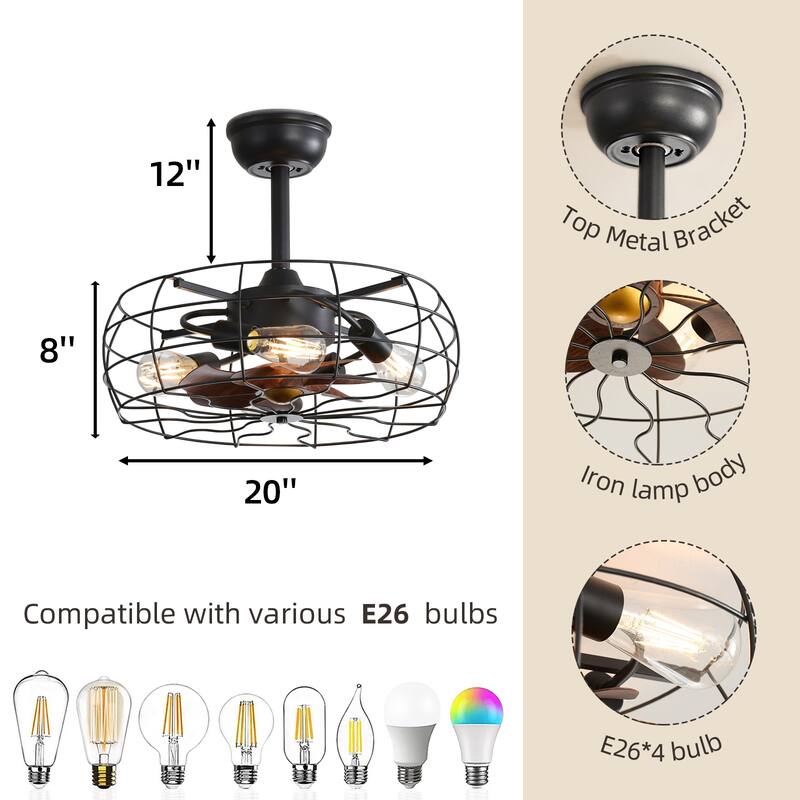 19inch Cage Retro Ceiling Fan with Lights, Remote Control or APP(Bulbs included) - black