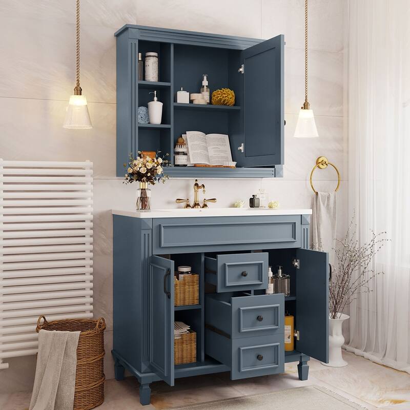 36'' Bathroom Vanity with Top Sink, Freestanding Vanity Set with Mirror Cabinet