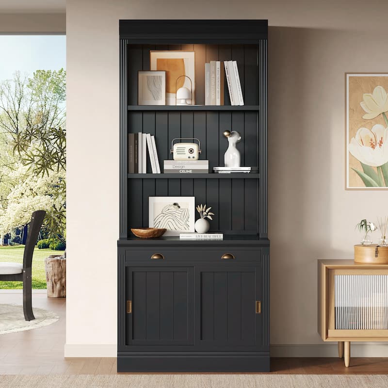 83.4" Tall Bookshelf with LED Lighting, Sliding Doors and Open Shelves - Black