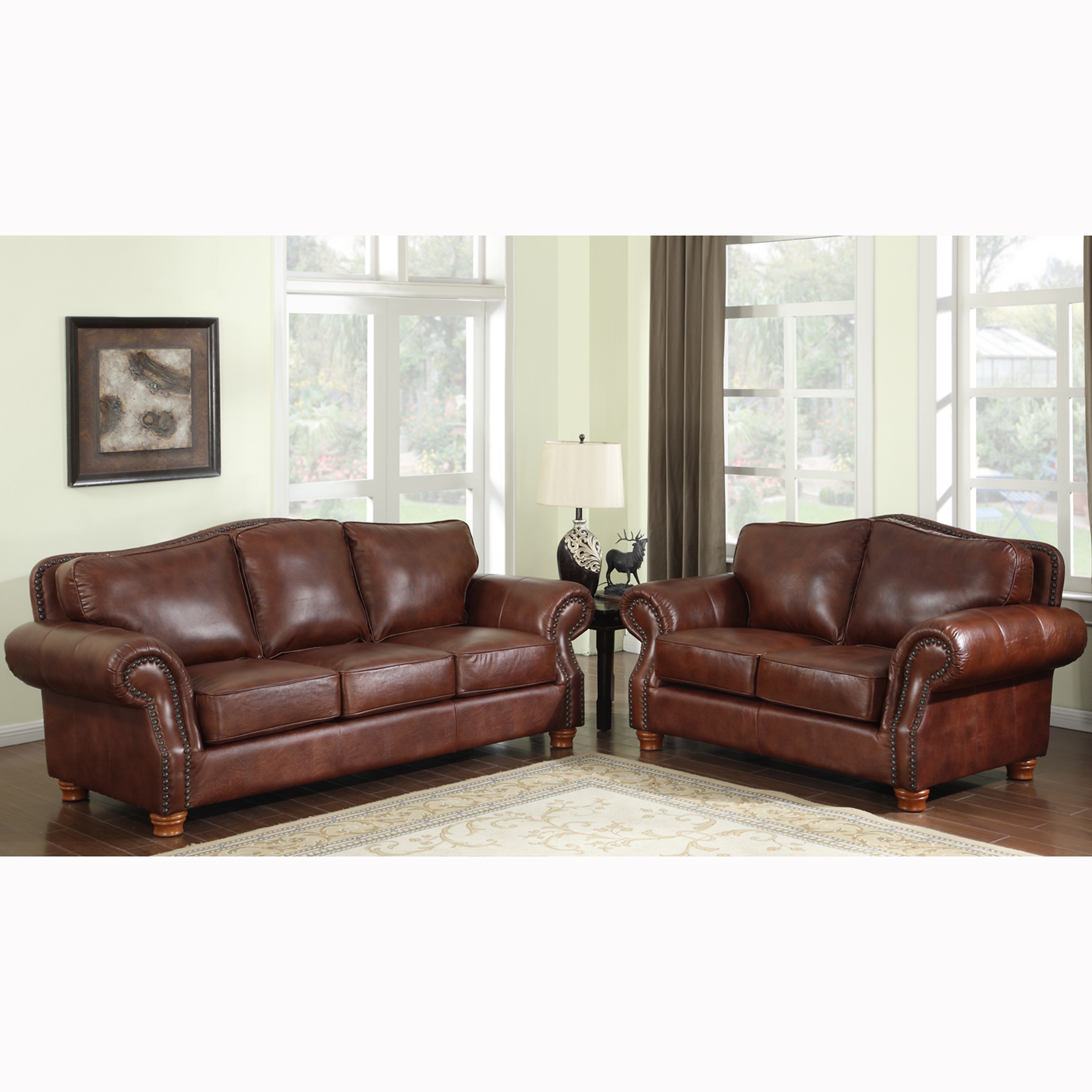 Brandon Distressed Whiskey Italian Leather Sofa and Loveseat