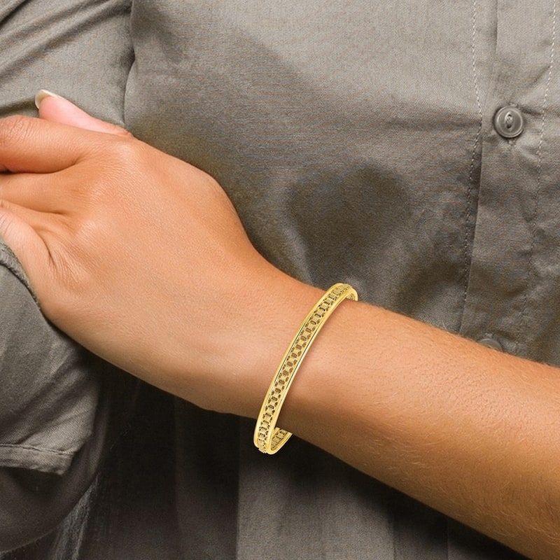 Curata 14k Yellow Gold Polished and Textured Cuff Stackable Bangle Bracelet
