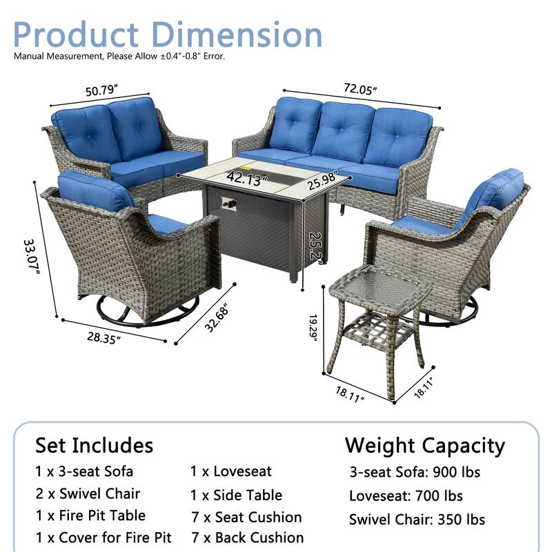 OVIOS 6 Pieces Outdoor Wicker Curved Swivel Chair Set With Fire Table