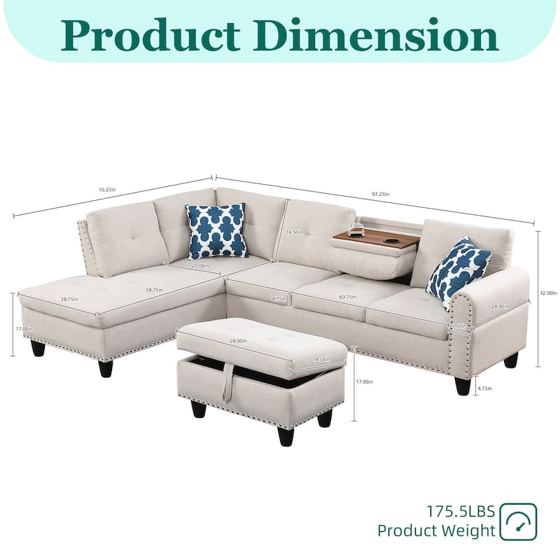 HOMEFUN Linen/Leather Upholstered L-Shaped 4-seater Multifunctional Sectional Sofa with Storage Ottoman,Cup Holder