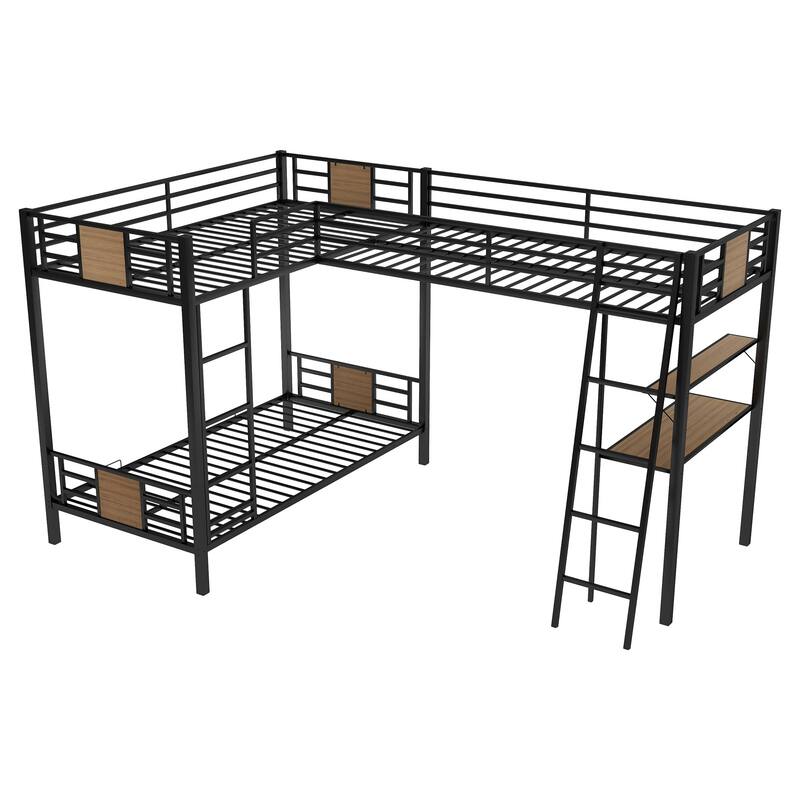 Twin Metal L-Shaped Bunk Bed with Loft, Shelves, Desk, and Guardrails