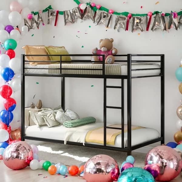 slide 2 of 9, Modern Convenient Design Twin Over Twin Metal Bunk Bed,Low Bunk Bed With Ladder, Black