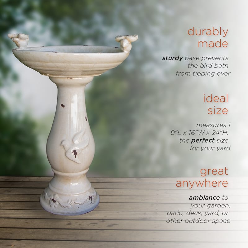 Light Brown Antique Ceramic Bird Bath with Two Birds