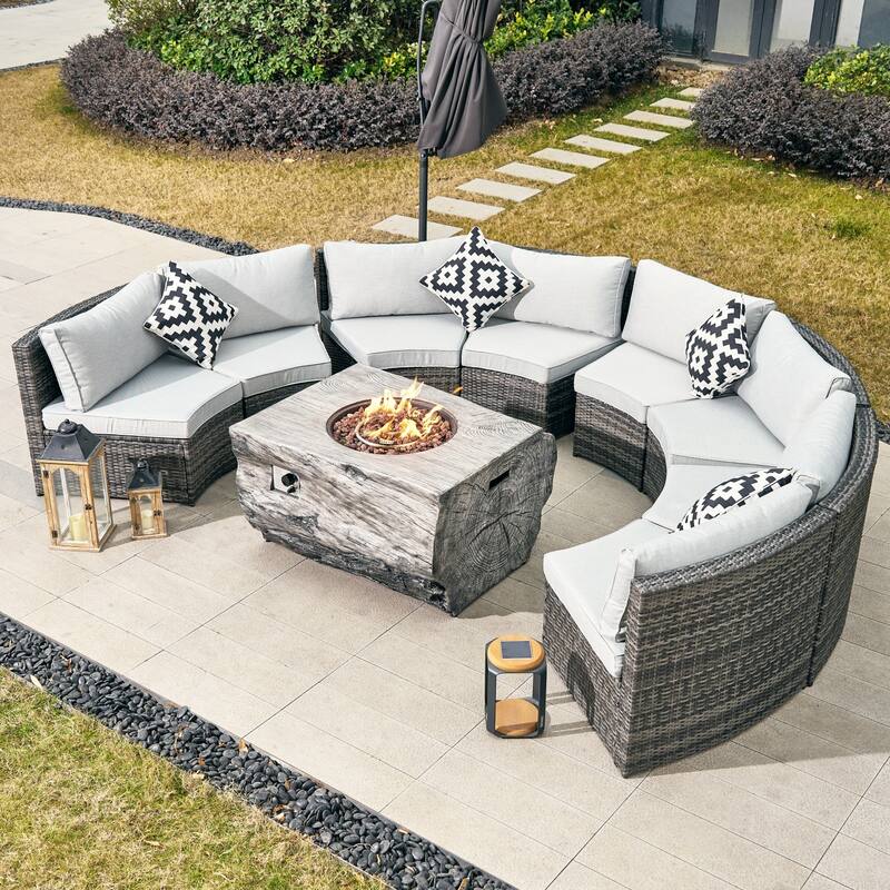 8-Seat Modular Outdoor PE Rattan Sofa Set with Multifunctional Terrafab Composite Fire Pit Table
