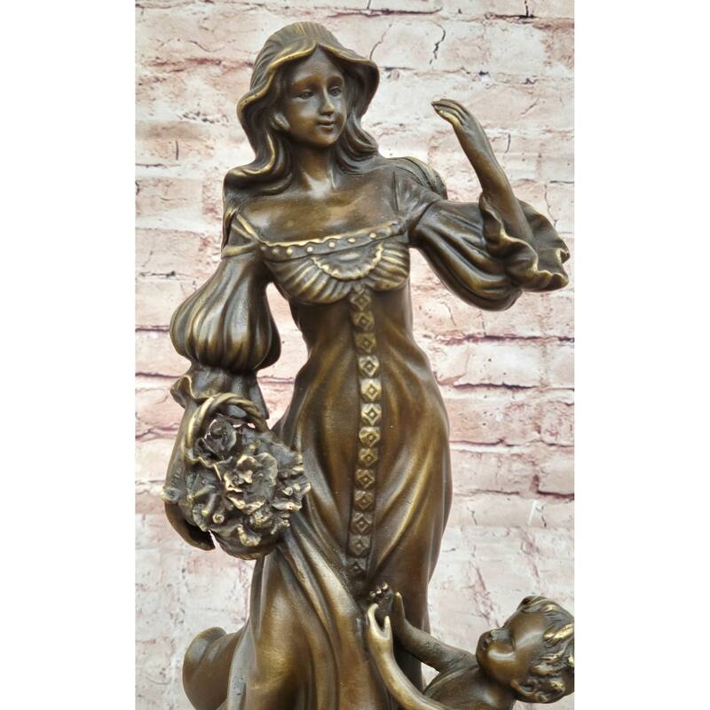Young Woman W/ Flower Basket Winged Cherub Child - Bronze Sculpture By Milo