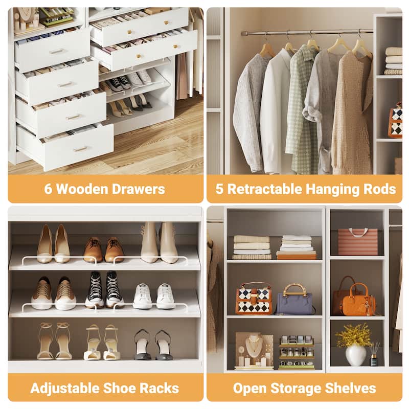 Set of 2 Closet Organizer System with Wood Drawers, Amoire Wardrobe with Hanging Rods