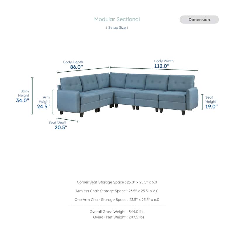 Dorian Textured 6-Piece Sectional Sofa - Storage, Button-Tufted