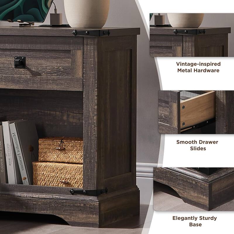 Farmhouse Nightstand with Charging Station，Beside Table for Bedroom