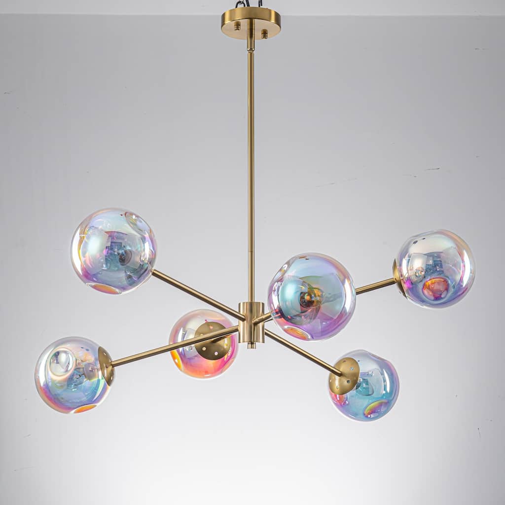 6-Light Mid-Century Modern Iridescent Globe Sputnik Chandelier for Kitchen Island or Dining Room - 6 Light