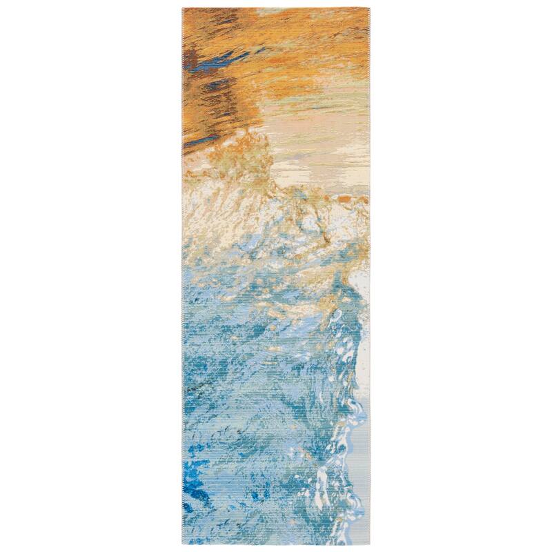 SAFAVIEH Barbados Yonit Tropical Indoor/ Outdoor Waterproof Patio Backyard Rug - 2'8" x 8' Runner - Blue/Gold