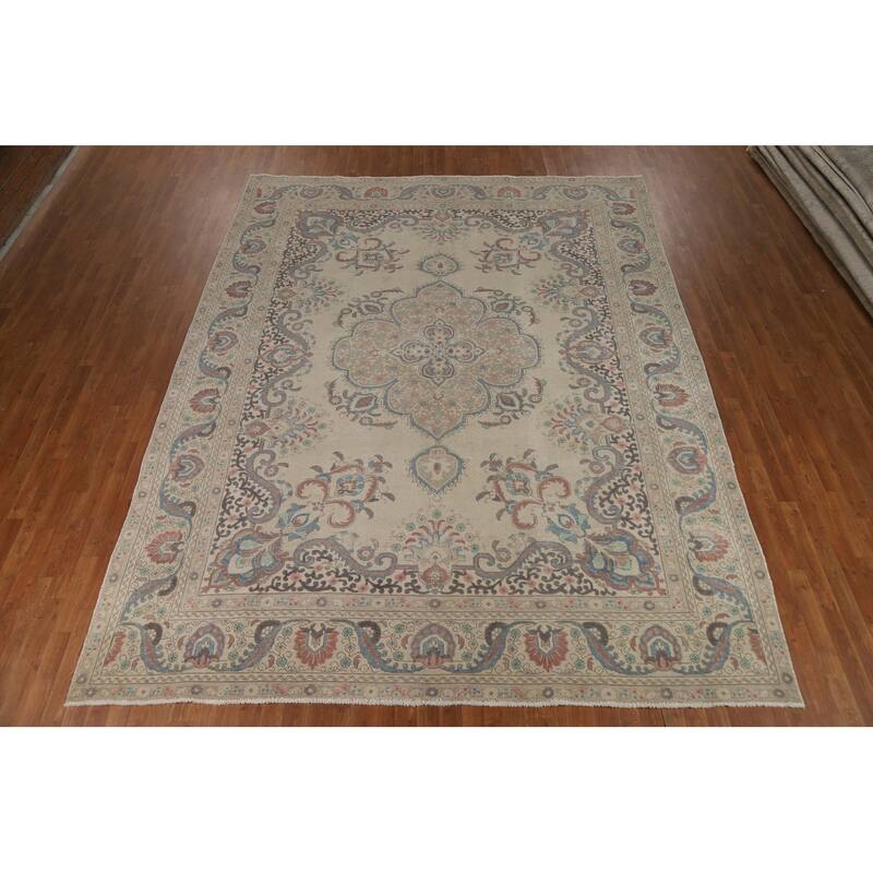 Medallion Tabriz Persian Area Rug Beige Hand-Knotted Wool Carpet - 9'5"x 12'3"