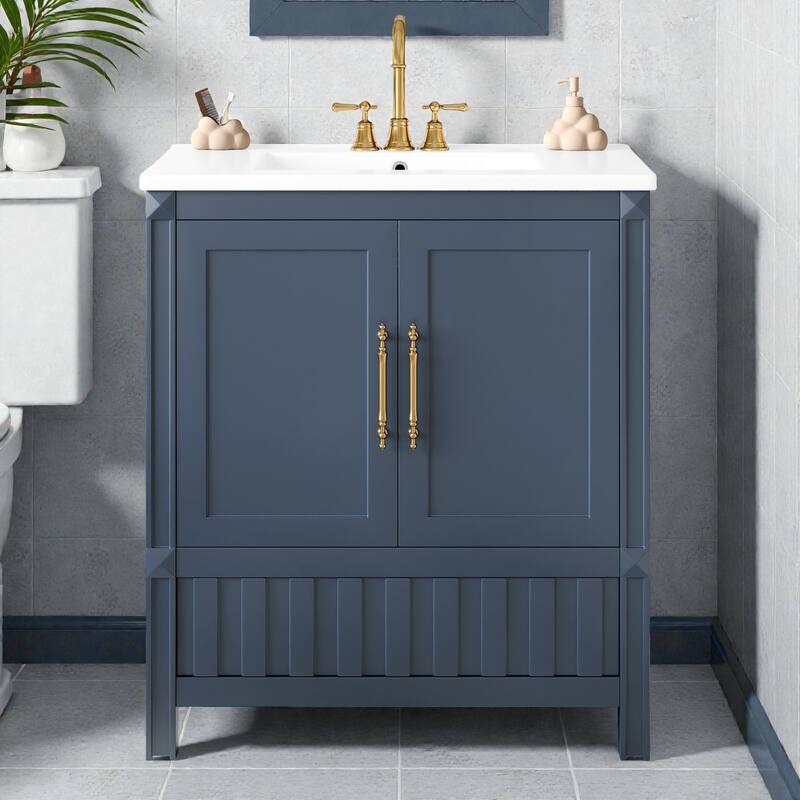 30" Bathroom Vanity with Sink, Solid Wood & MDF Cabinet with Doors, Drawer and Open Storage Shelves - Blue