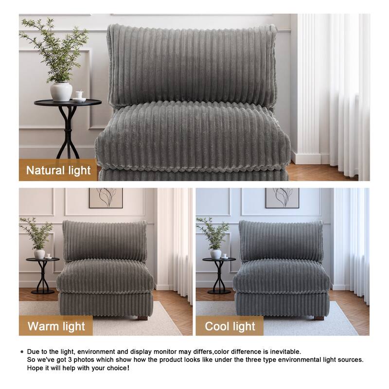 33" W Plush Corduroy Armless Chair Sectional Module with Pillows