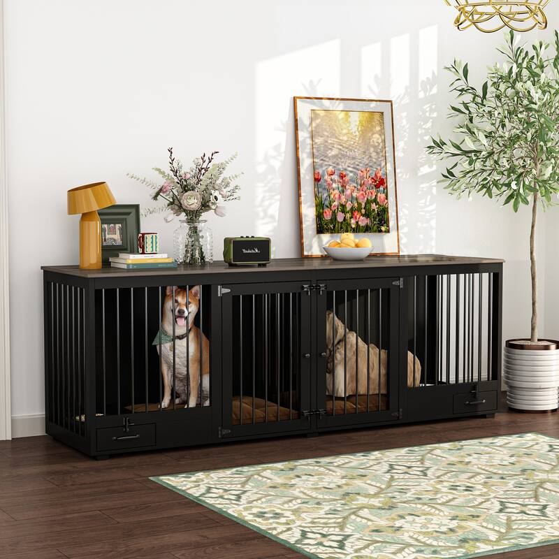 Double Dog Crate with Divider 86.6 Inch Lockable Dog Kennel