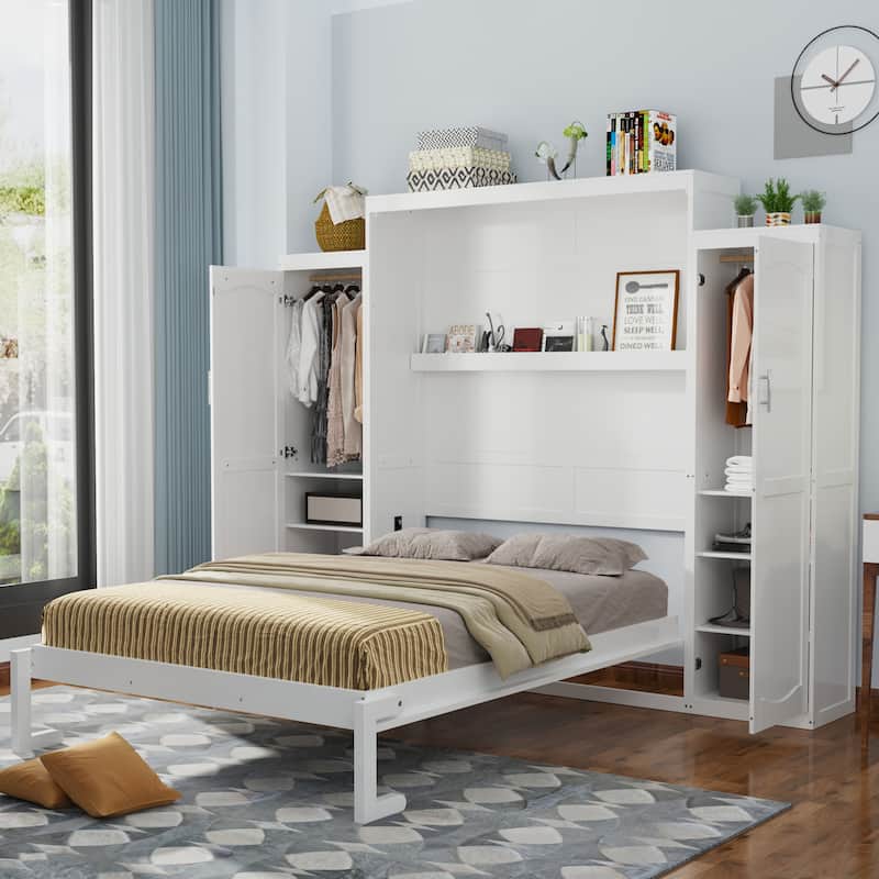 Full Size Foldable Murphy Bed with 2 Wardrobes and Storage Shelf, Space-Saving Platform Bedframe for Guest Room, White - White