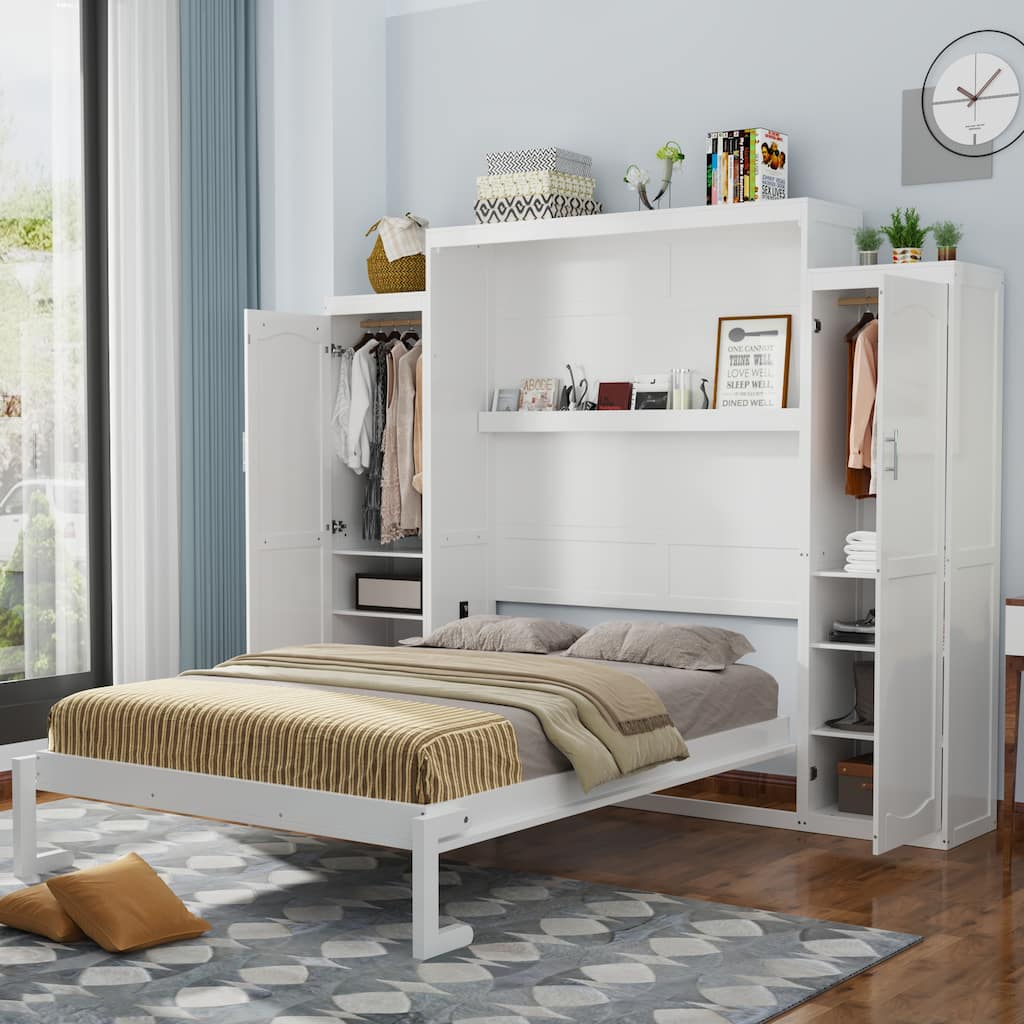 Full Size Foldable Murphy Bed with 2 Wardrobes and Storage Shelf, Space-Saving Platform Bedframe for Guest Room, White
