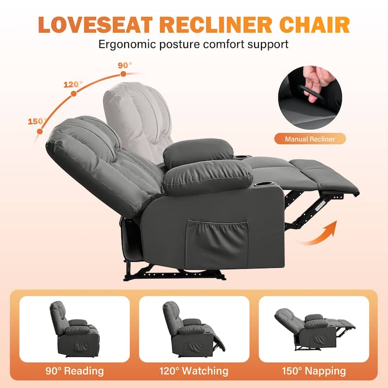 Manual Recliner Loveseat with Massage & Heating, Cup Holders & Side Pocket for Living Room