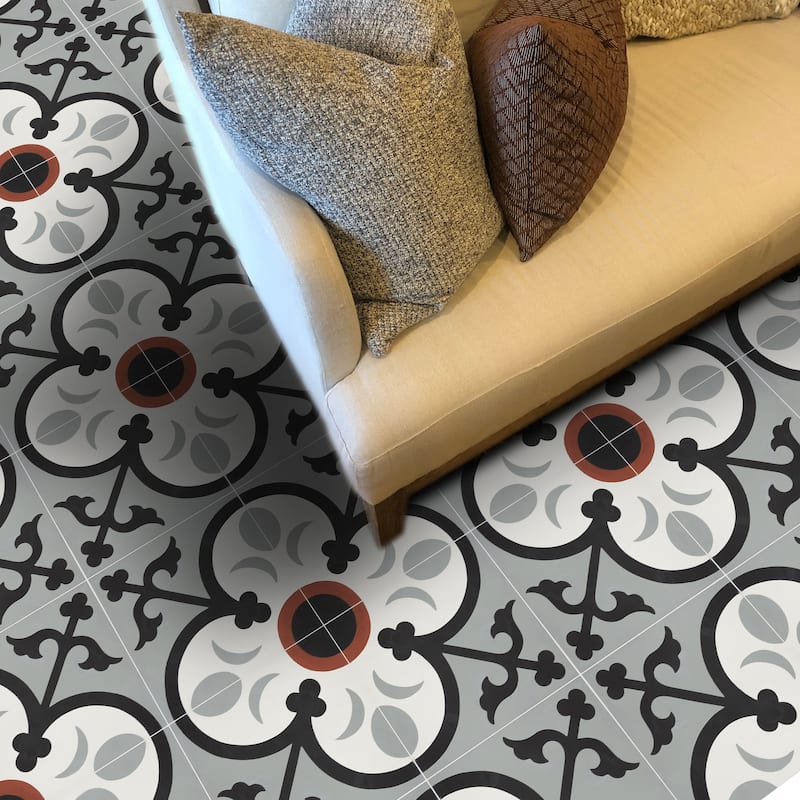 Nador Handmade Cement Tile, 8''x8'', Black-Grey-Red