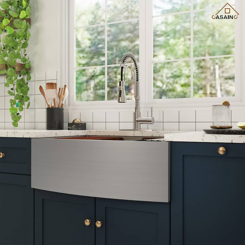 All-in-One Farmhouse/Apron-Front Single Bowl 16 Gauge Stainless Steel Workstation Kitchen Sink with Accessories and Faucet Sets