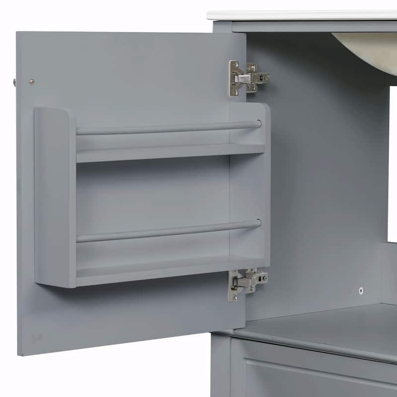 36" Bathroom Vanity with Ceramic Sink, MDF & Solid Wood Base, 3 Drawers and Cabinet with Shelves