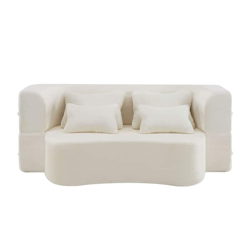 Queen Size Modern Sofa With 4 Pillows,Plush Fabric Futon Sofa Couch,High-Density Foam Folding Mattress,No Assembly Required