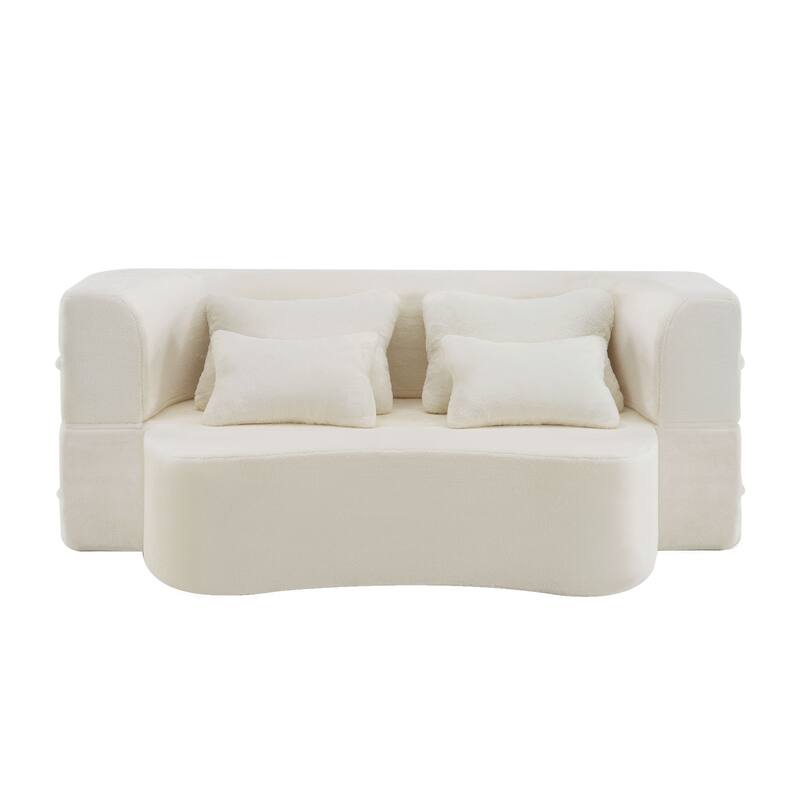 Roomfitters Queen Size Modern Floor Sofa with 4 Pillows, Plush Fabric Futon Couch Folding Mattress for Living Room
