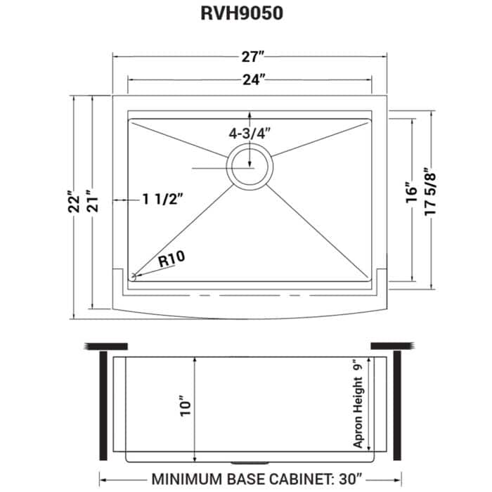 Ruvati 27-inch Apron-front Workstation Farmhouse Kitchen Sink 16 Gauge Stainless Steel Single Bowl - RVH9050 - 27" X 22"