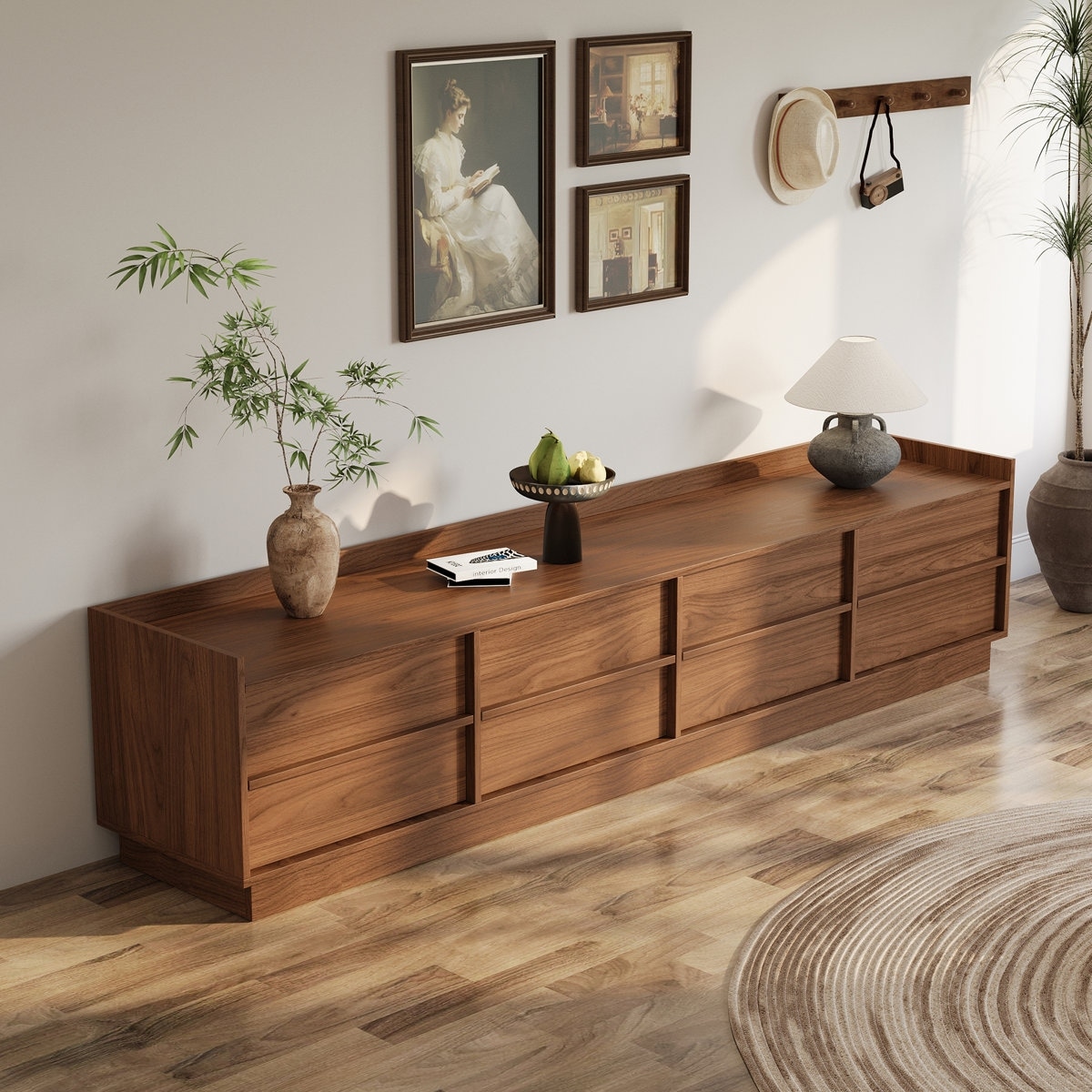 78.7" Walnut Brown Freestanding TV Stand with 4 Large Storage Drawers, Wooden Media Console Cabinet