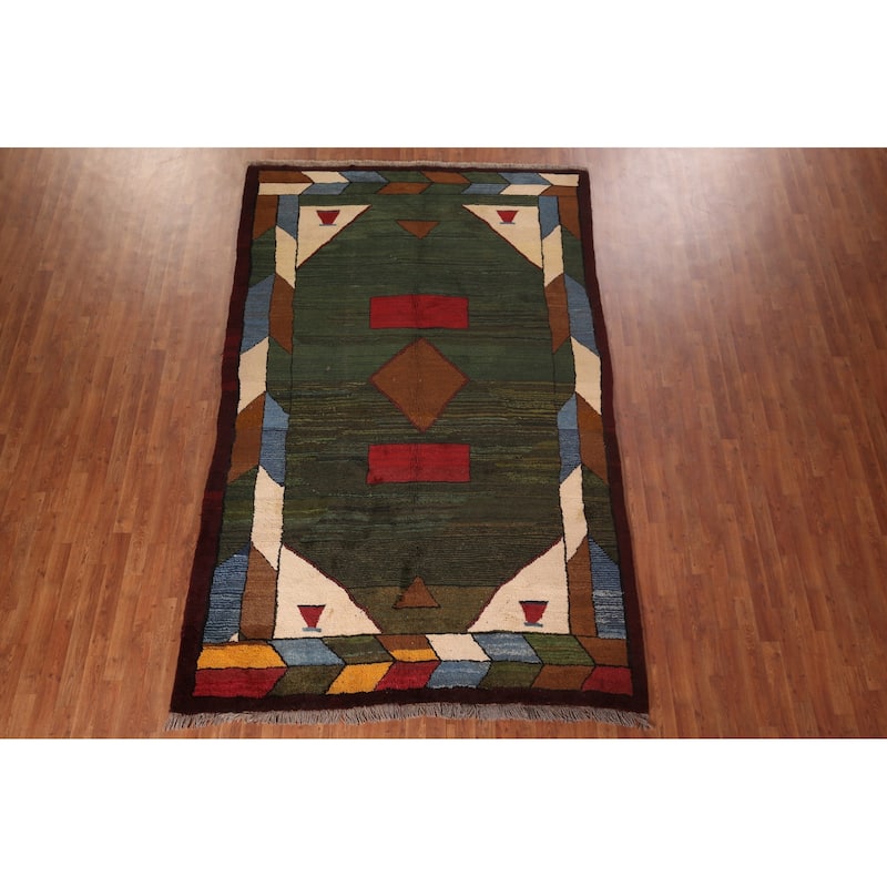 Green Geometric Gabbeh Persian Area Rug Hand-Knotted Wool Carpet - 6'5"x 10'2"