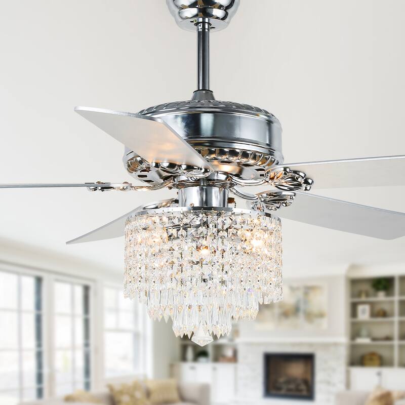 Cusp Barn 52-In Modern Crystal Chandelier Ceiling Fan with Light, Glam Silent DC Motor Dual Finish Blades Reversible Ceiling Fan - Chrome