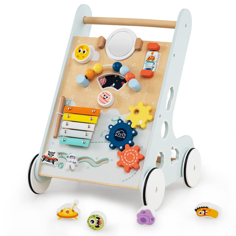 Green MDF Space-Themed Baby Walker with 8-in-1 Activity - 14" L x 13" W x 18.5" H - Green