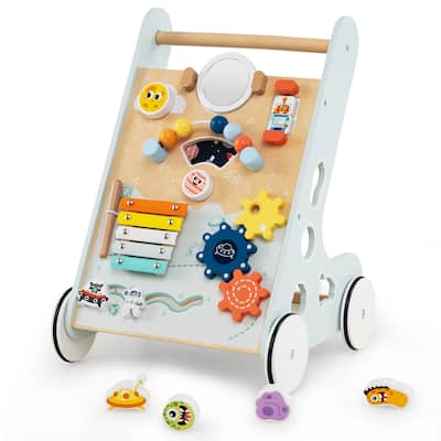 Green MDF Space-Themed Baby Walker with 8-in-1 Activity - 14" L x 13" W x 18.5" H