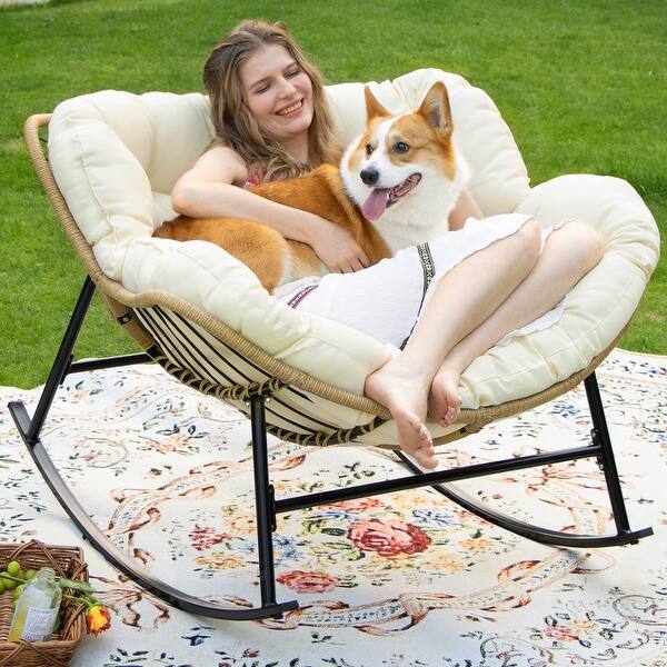 FINCATI Royal Oversized Patio Papasan Rocking Chair, Luxury Indoor and Outdoor Recliner Chair with Comfy Cushions