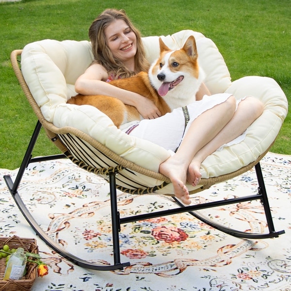 FINCATI Oversized Rocking Papasan Chair Indoor Outdoor Royal Wicker Lounge Chair Recliner with Comfy Cushion