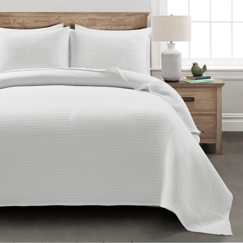 Lush Decor Solid Kantha Pick Stitch Woven Cotton 3-piece Quilt Set - White - Full - Queen