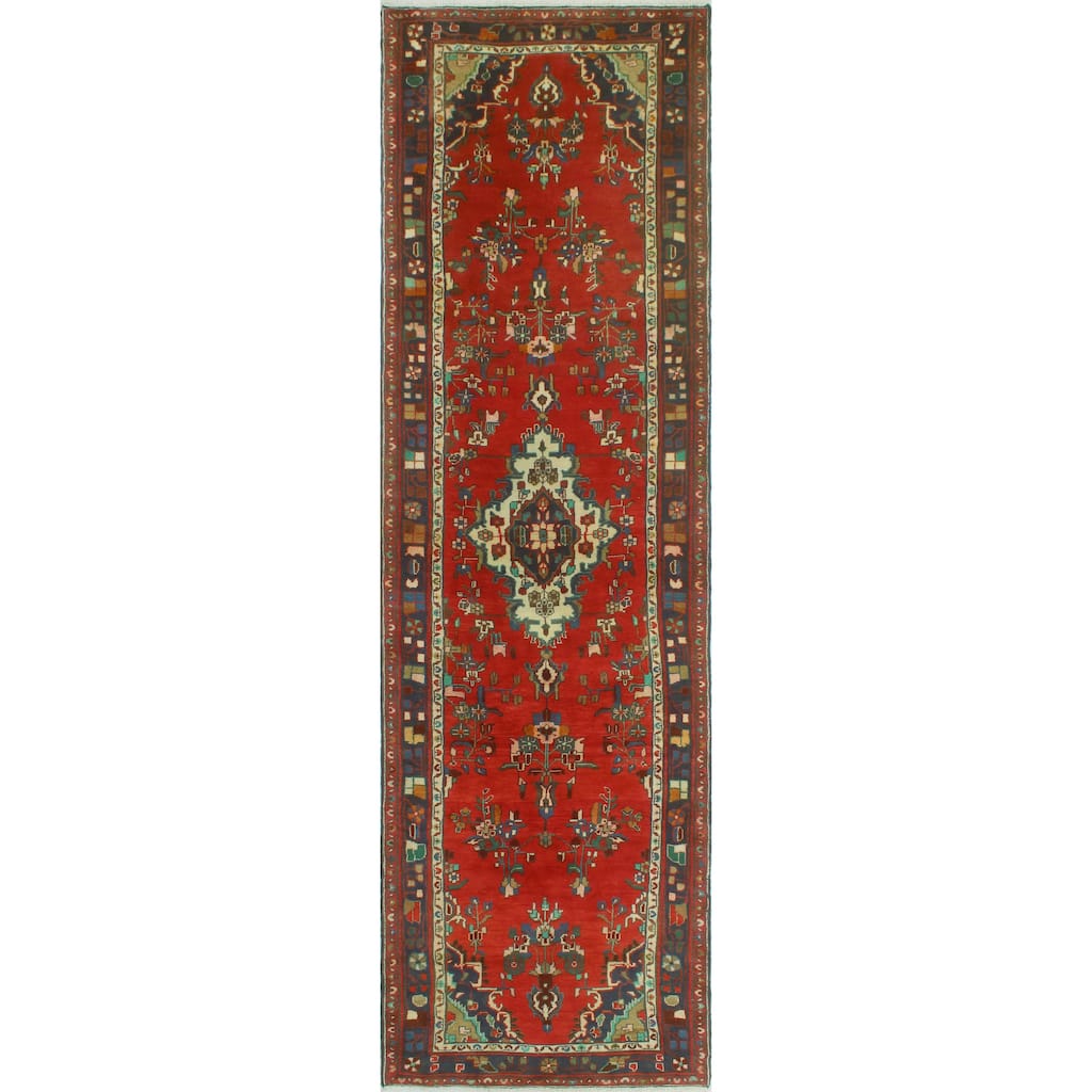 Fine Vintage Distressed Kokumo Red/Navy Runner - 3'4" x 12'1"