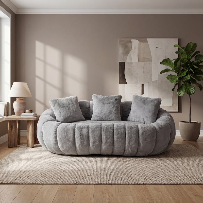 GDFStudio - Floral-Shaped 75.49" Faux Fur Loveseat Sofa with High-Density Foam - Gray